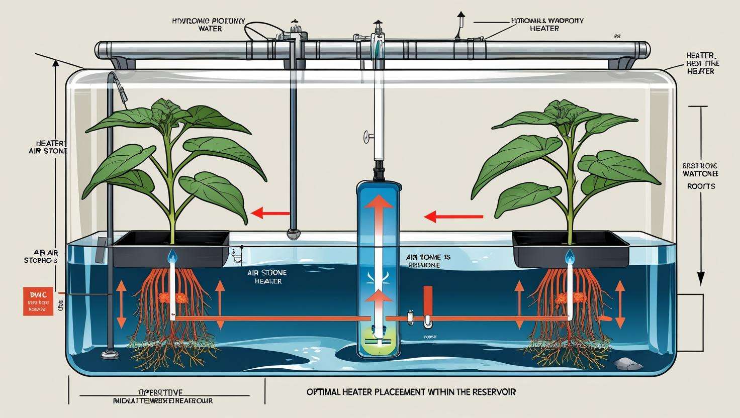 Diagram of hydroponic DWC heater placement with air stones and water flow in a reservoir