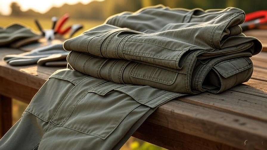 Close-up of gardening clothes with adjustable waistbands and reinforced knees on a wooden table with tools.