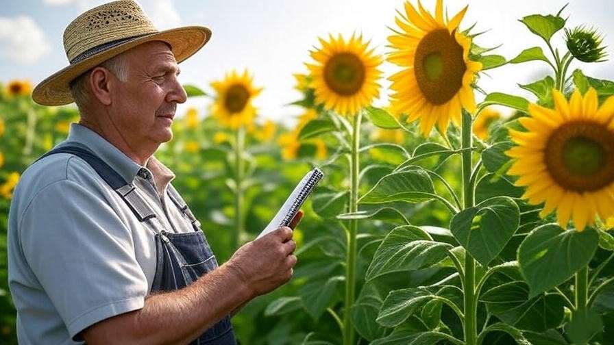 Farmer inspecting sunflowers for yield and pest management.