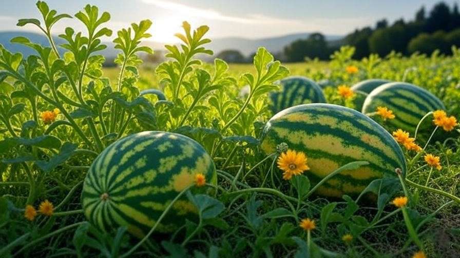 Sunny field with yellow watermelon and bee-friendly flowers.