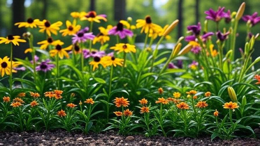 Close-up of Black-Eyed Susan, Coneflower, and Daylily blooming in a Zone 7 garden