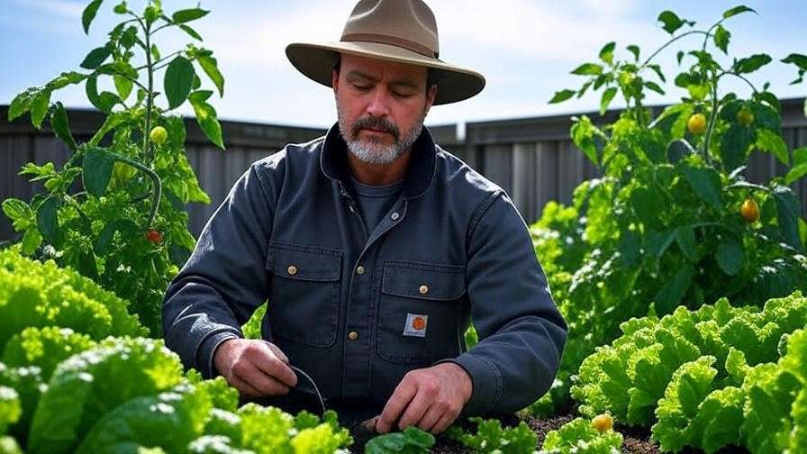 Gardener in Carhartt Force Delmont outfit working in a vegetable garden with a wide-brimmed hat.