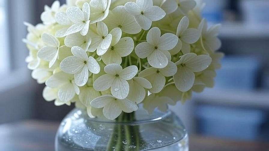Delicate hydrangea bouquet with drooping petals in cool storage, misted with water