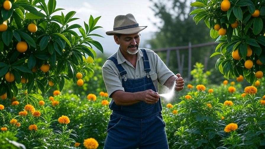 Farmer spraying neem oil on yellow fruit trees with marigolds.