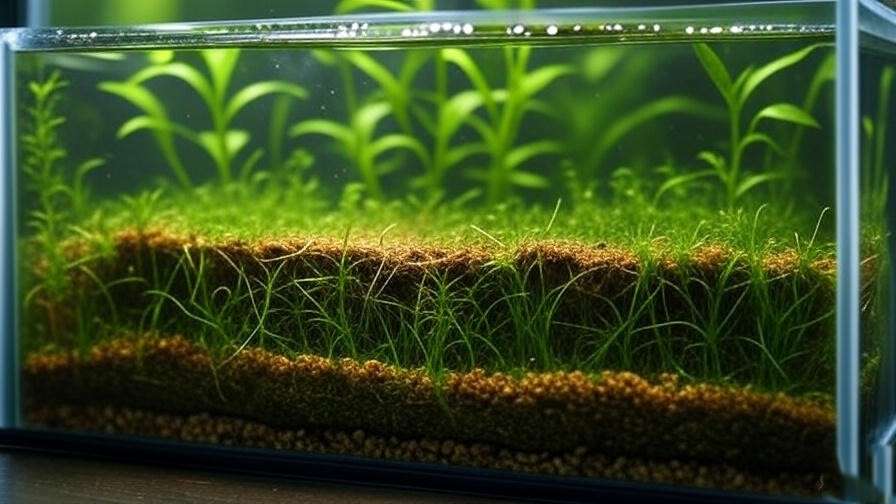 Side view of a layered substrate system in a planted aquarium with Cryptocoryne and Vallisneria