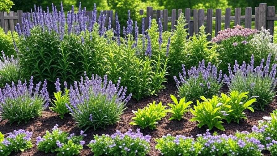 Well-designed garden layout with rabbit resistant perennials like lavender and yarrow.