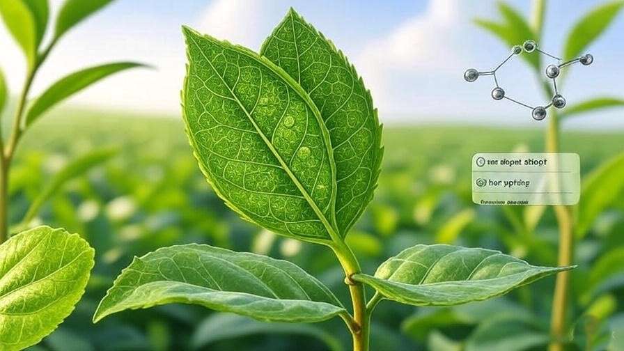  Artistic cross-section of a tea plant shoot, showing cells, chloroplasts, and theanine molecules, blending realism with scientific illustration.
