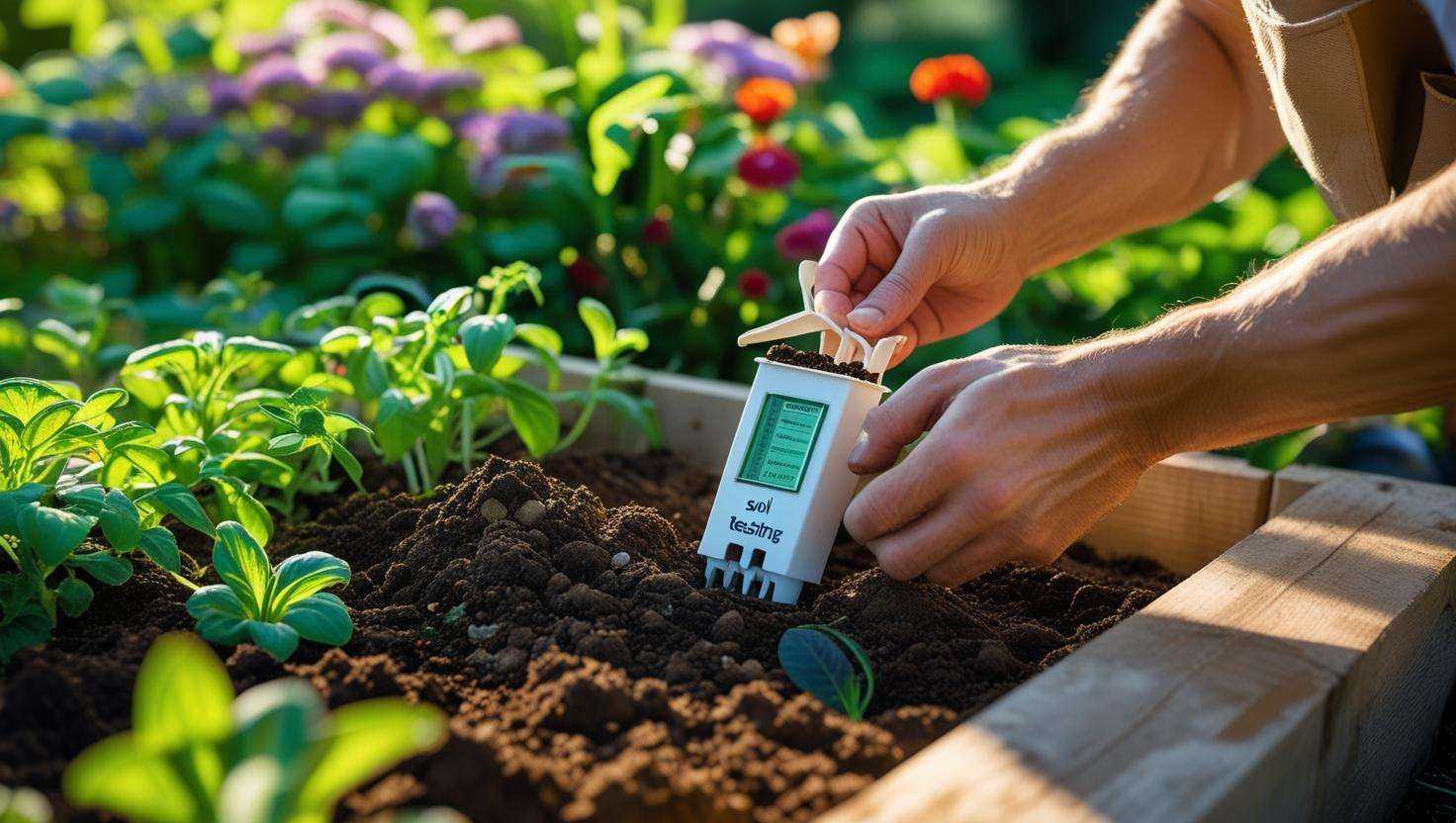 Gardener using a soil testing kit to collect a sample next to a lush garden bed.