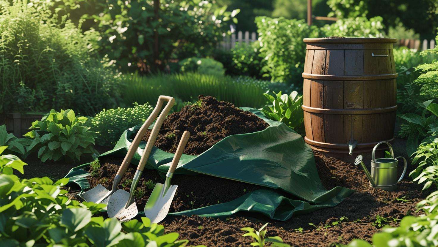 Compost pile covered by a tarp with sustainable gardening tools and rainwater barrel in a garden.