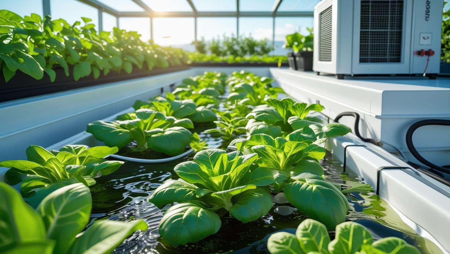 Hydroponic garden with insulated reservoirs, chiller, and lush healthy crops.