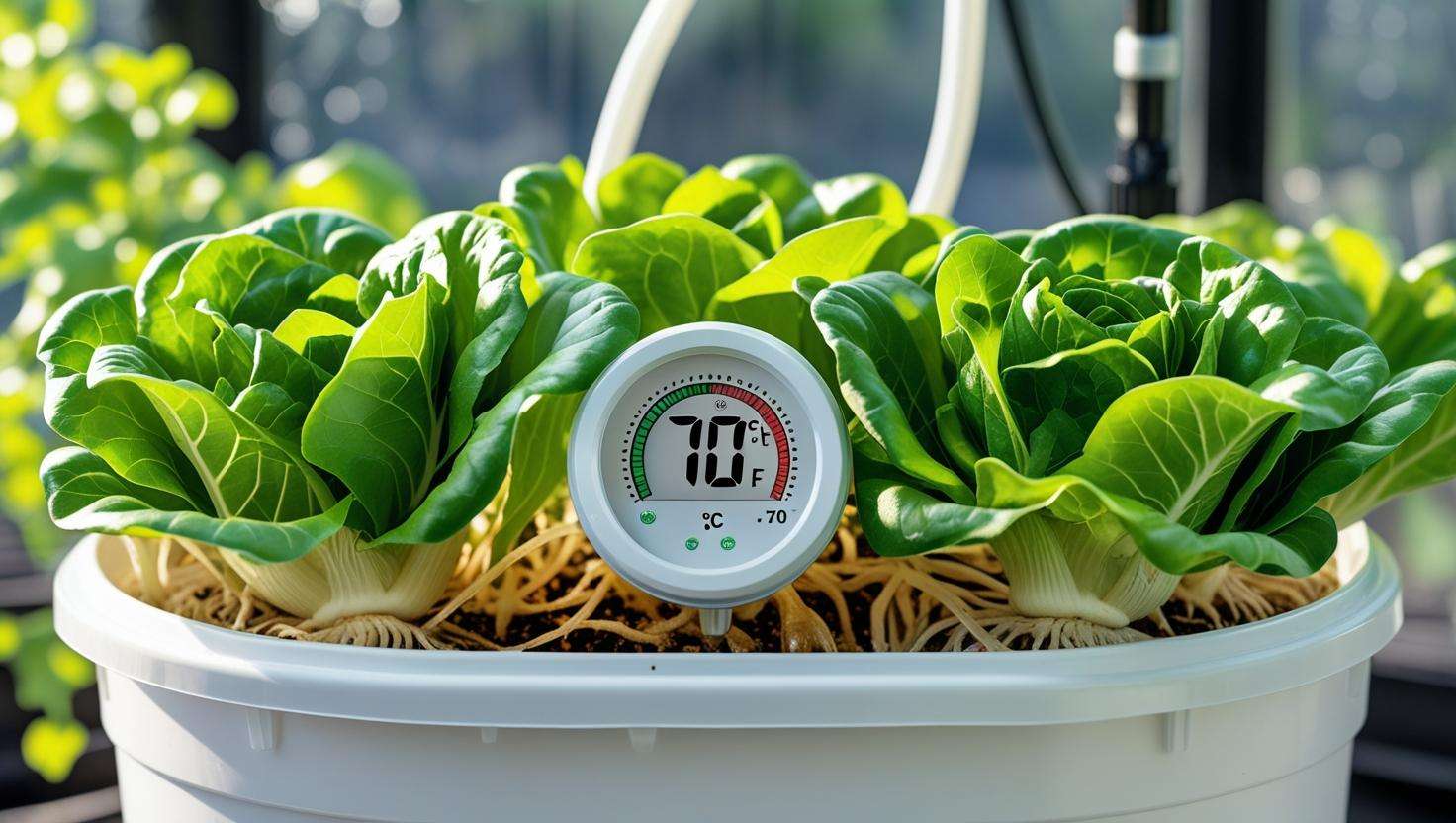 Hydroponic setup with temperature gauge at 70°F and healthy lettuce roots in a bucket.
