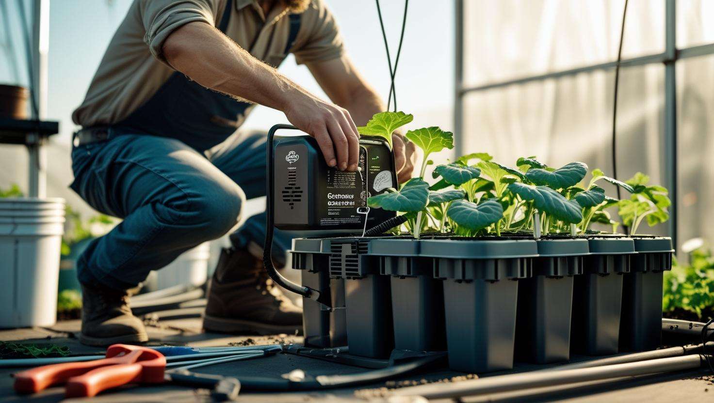 Gardener installing a hydroponic bucket chiller with tools and bucket system in the background