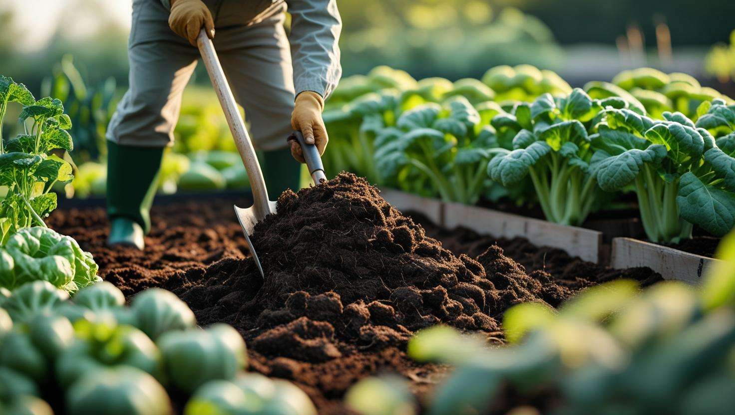 Gardener spreading compost over a vegetable garden bed with healthy plants