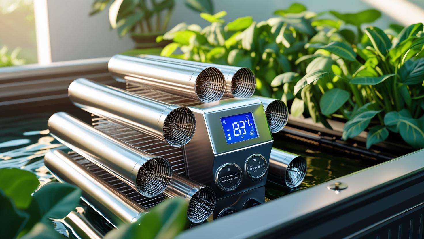Hydroponic chiller with digital thermostat and titanium coils near a reservoir with thriving plants.
