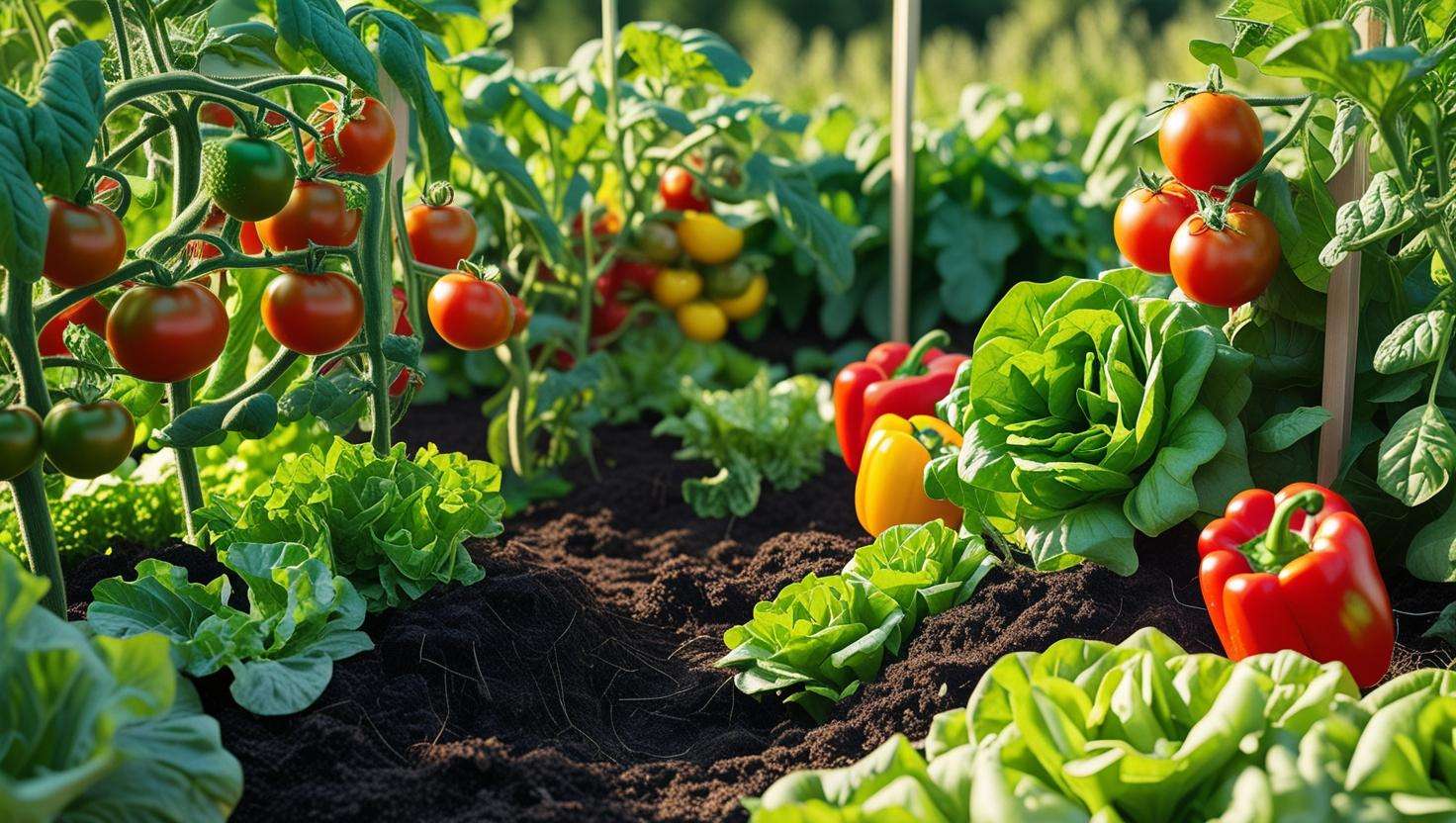 Vibrant vegetable garden with compost layers and thriving tomatoes, lettuce, and peppers.