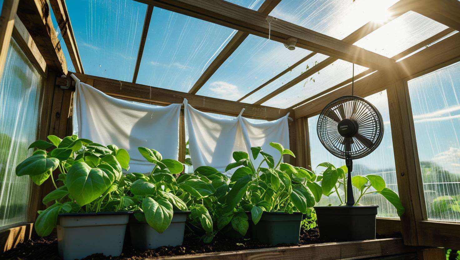 Small greenhouse with DIY wet towel cooling hack in summer