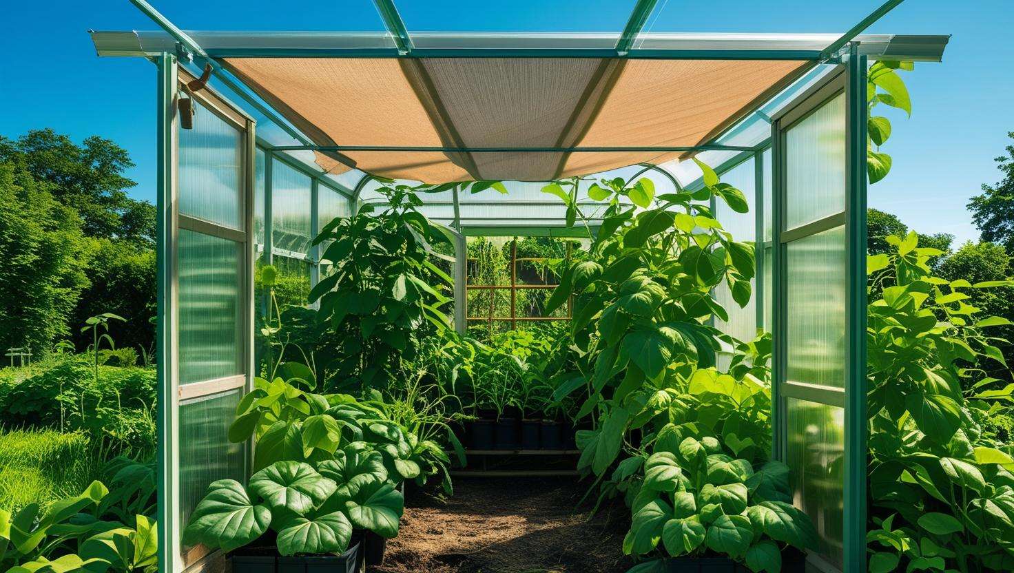 Small greenhouse with shade cloth protecting plants from summer heat