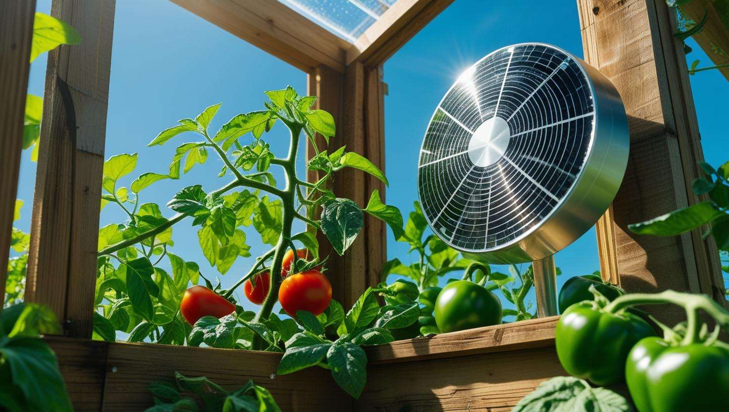 Small greenhouse with solar-powered fan for summer cooling