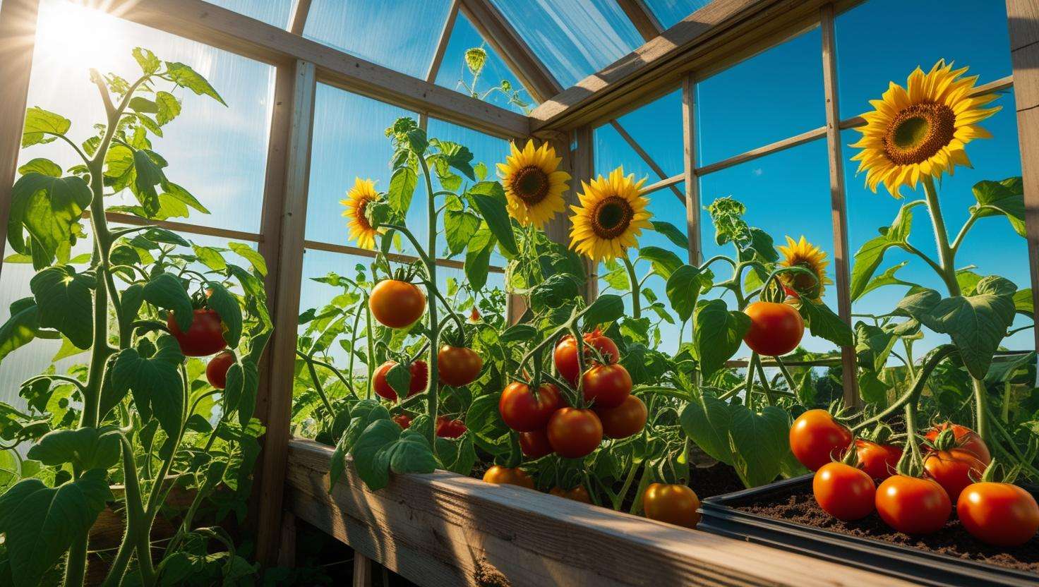 Small greenhouse with tomato plants and sunflowers for summer microclimate"