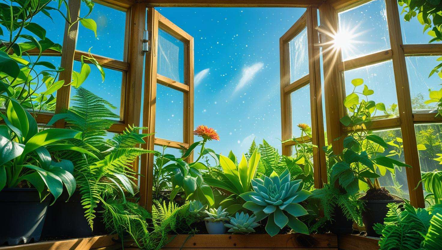 "Small greenhouse with open vents for natural ventilation in summer sunlight