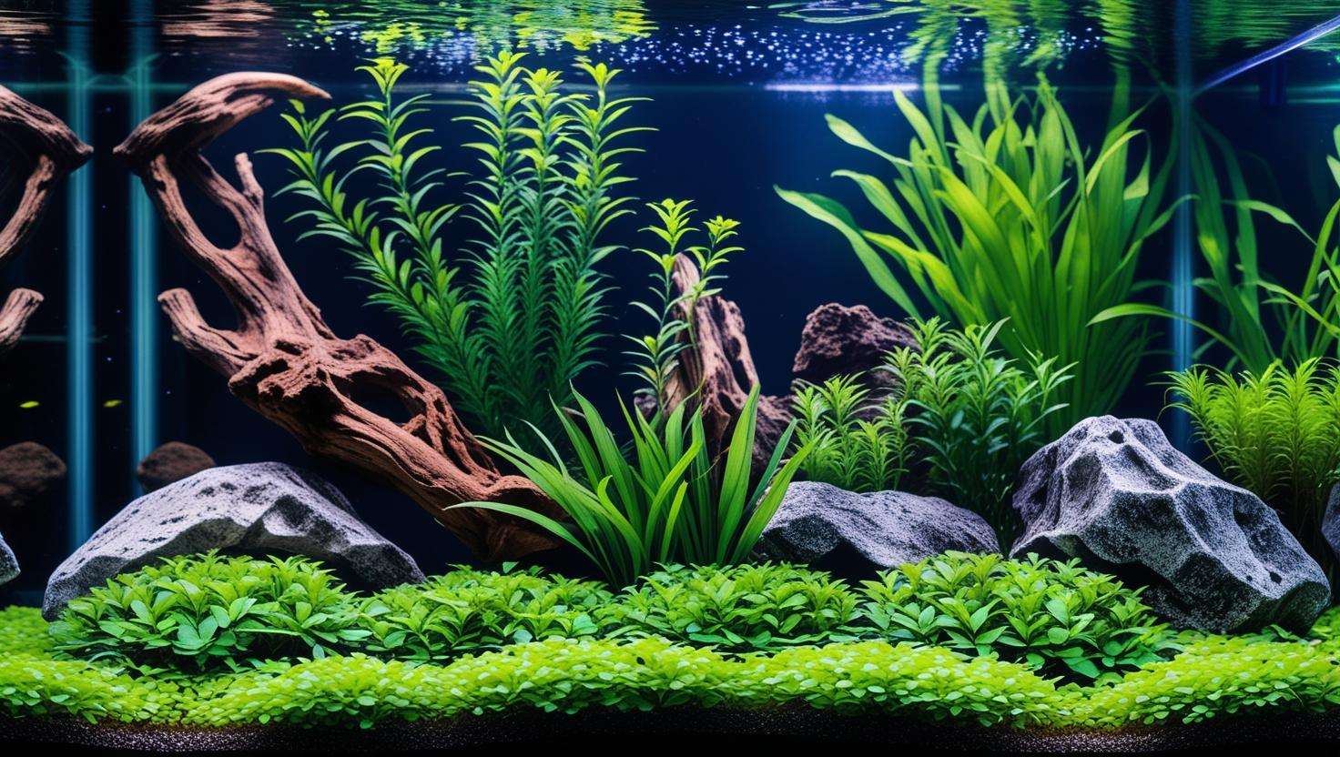Aquascaped planted aquarium with Marsilea Hirsuta carpet and Cryptocoryne.