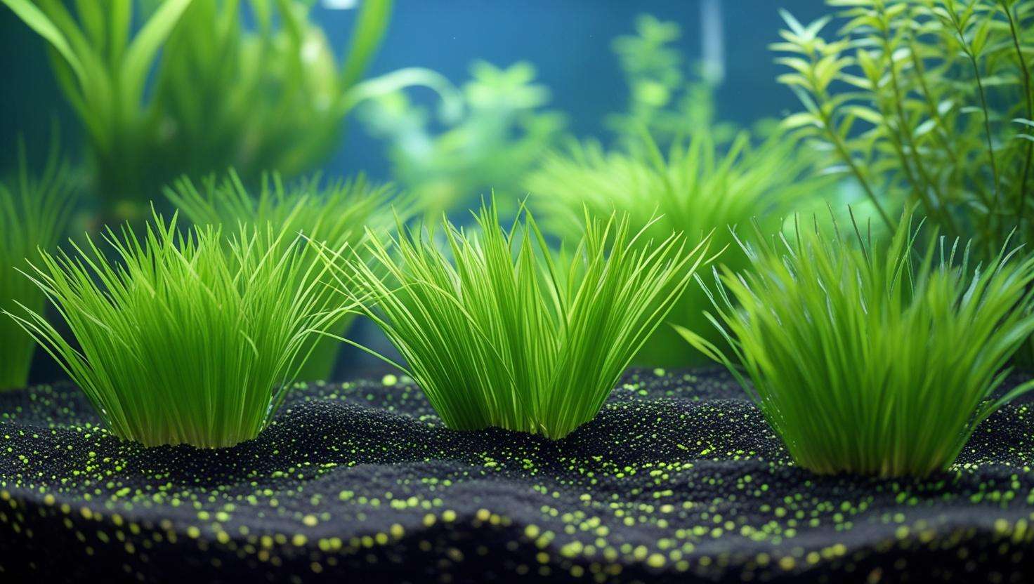 Close-up of thriving Dwarf Hairgrass carpet in a planted aquarium