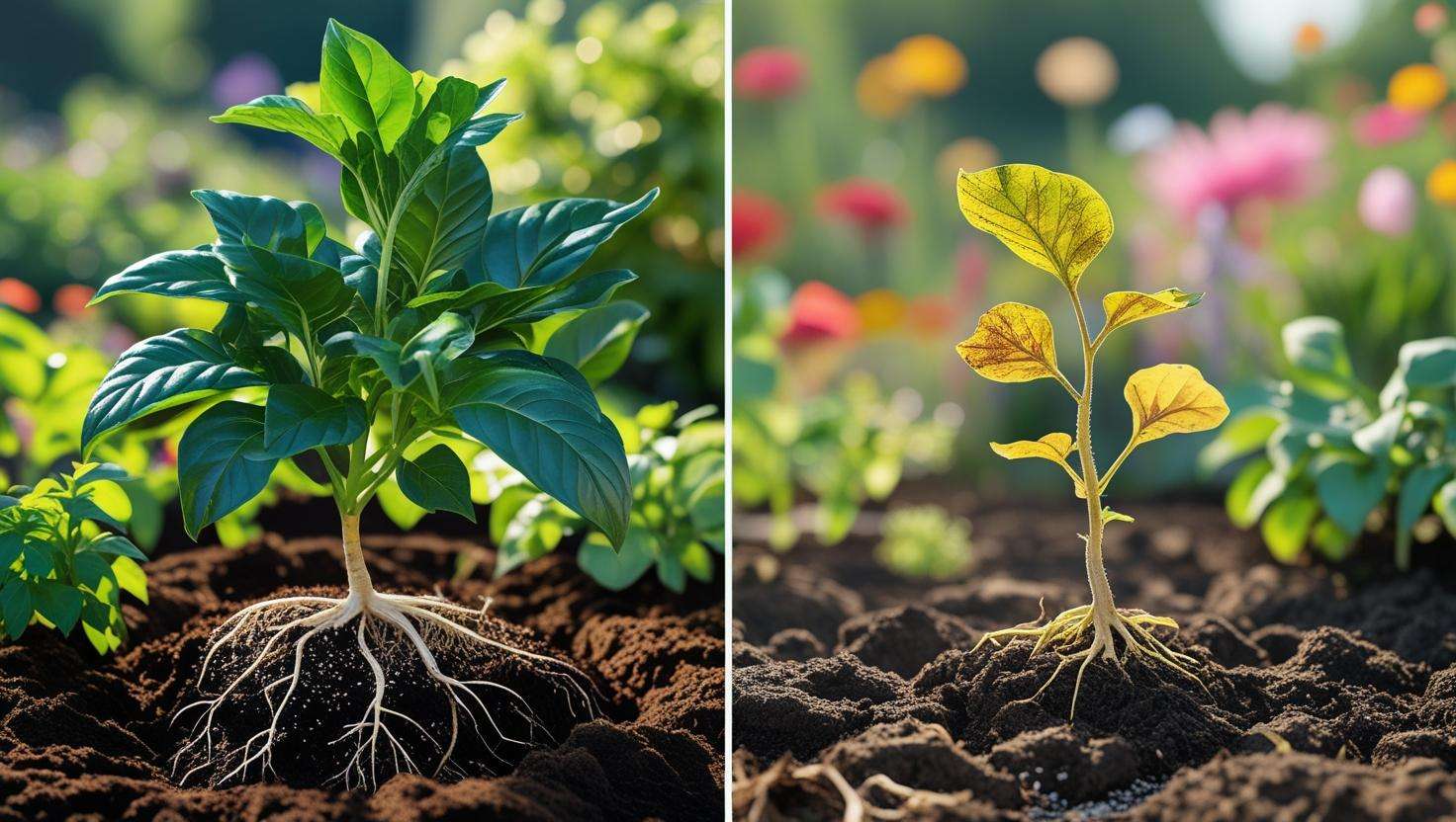 Comparison of healthy compost tea-treated plant and struggling untreated plant in a garden.
