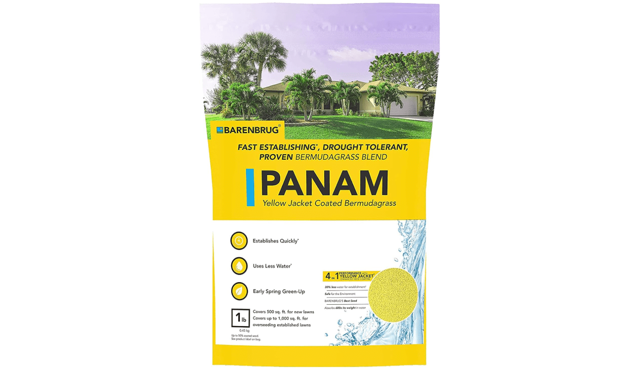 Barenbrug PanAm Bermudagrass with Yellow Jacket Coating - Grass Seed for Sunny Areas and Humid Climates - New and Improved Blend, (1 LB Bag)
