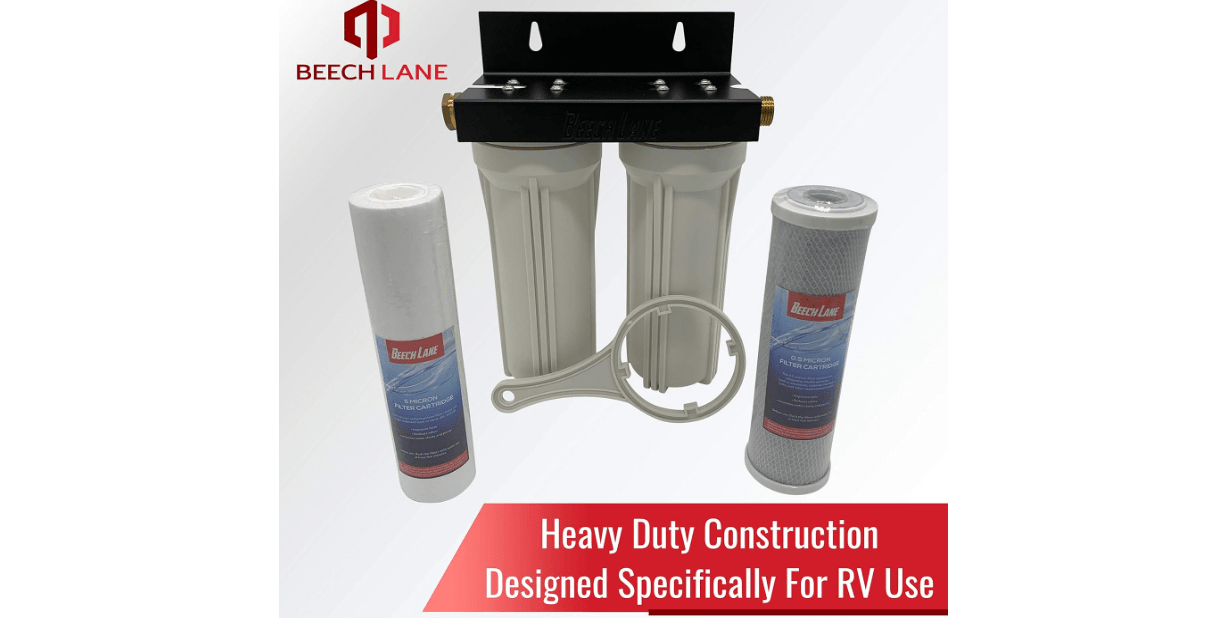 Beech Lane External RV Dual Water Filter System, Leak-Free Brass Fittings, Mounting Bracket and Two Filters Included, Sturdy Construction is Built to Last 