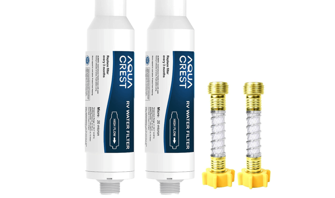 AQUA CREST RV Inline Water Filter 2 Pack with 2 Flexible Hose Protector, NSF Certified, Reduces Chlorine, Bad Taste&Odor for RVs and Marines, Drinking & Washing Filter 