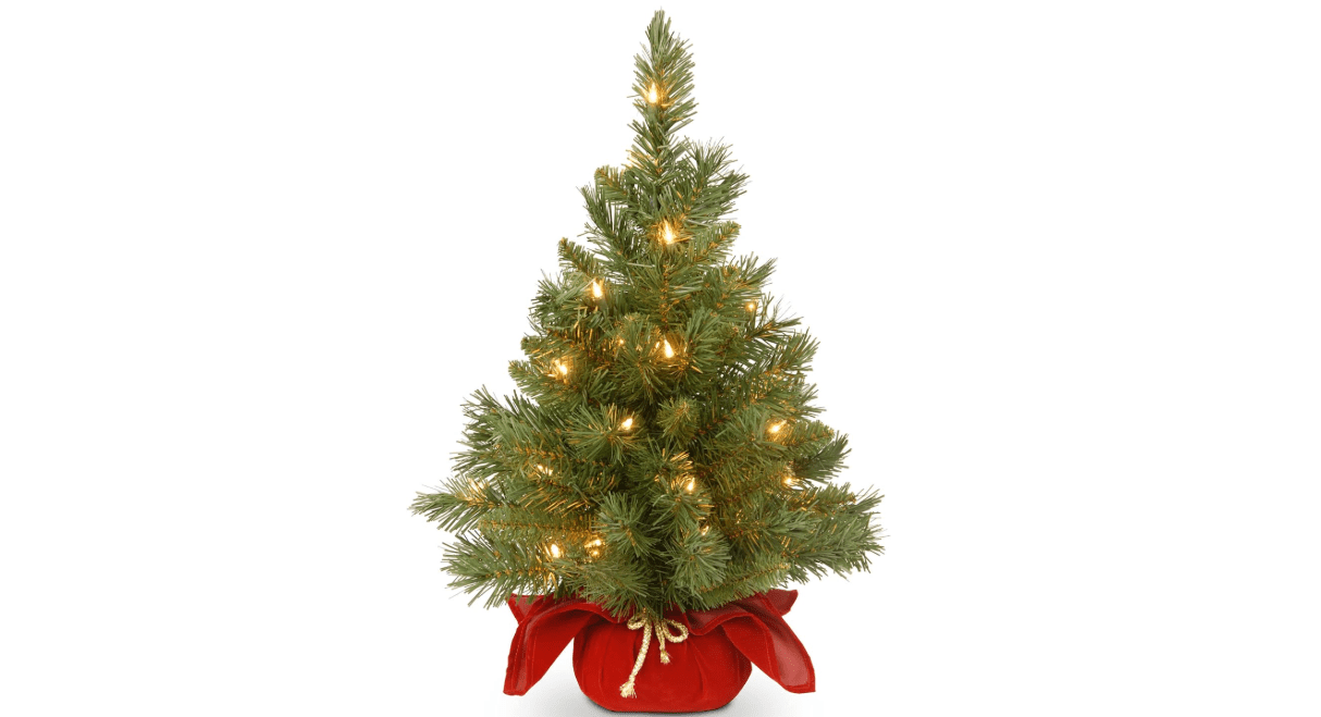 National Tree Company Pre-lit Artificial Mini Christmas Tree | Includes Small Lights and Cloth Bag Base | Majestic Fir - 2 ft 