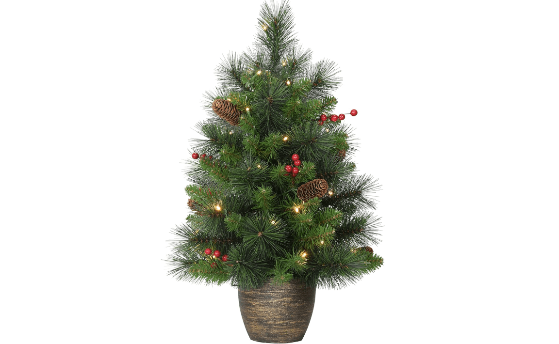 Puleo International Pre-Lit 2' Table Top Artificial Christmas Tree with 35 Lights in Gold Base, Green 