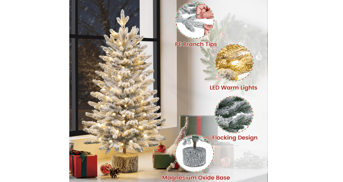 Yaheetech 3FT Pre-lit Potted Flocked Christmas Tree, Snow Frosted Mini Tabletop Artificial Christmas Tree with 50 Warm White LED Lights and 355 PE Branch Tips for Holiday Decoration 