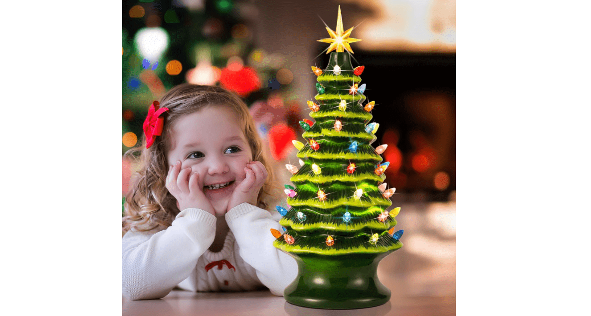 Lakumu 16.5" Table Top Christmas Tree, Hand Painted Resin Christmas Tree with Lights, Pre-lit Xmas Tree Decor Lighted Tabletop Decoration with Multicolored LED Bulbs, Ceramic-Like Finish 