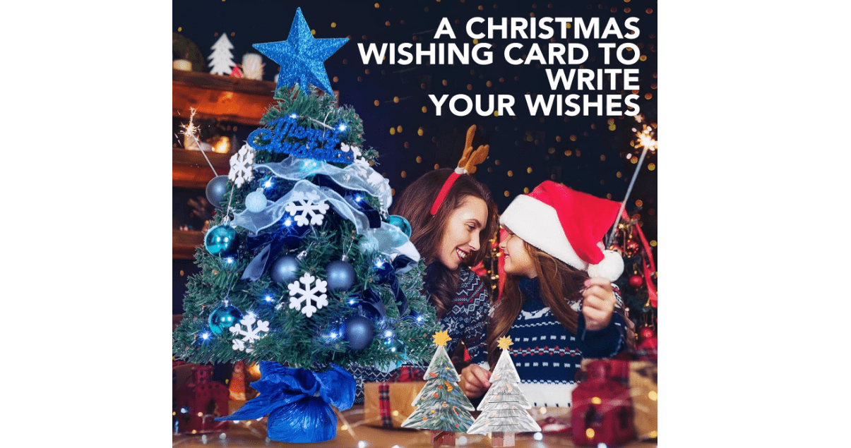 NALONE Mini Christmas Tree with Lights and Timer, 24 Inch Snow Flocked Small Christmas Tree with 27 Pcs Ornaments, 90 Branch Tips Tabletop Christmas Tree for Holiday Decoration (Blue) 