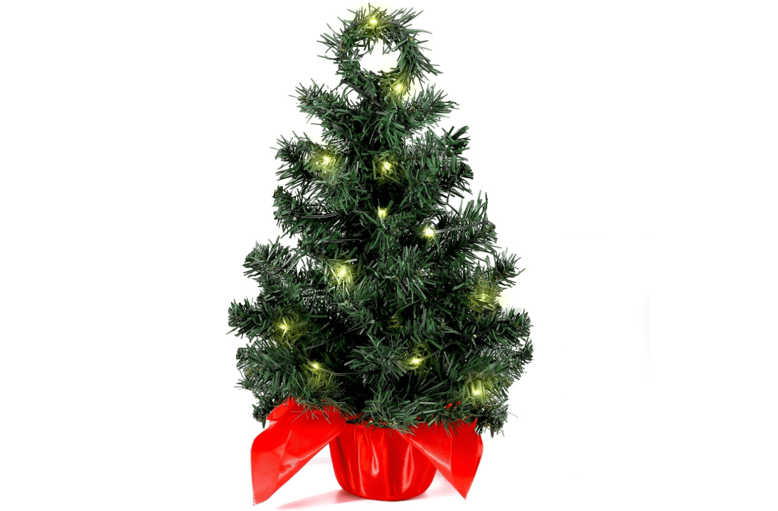 Qpout Tabletop Christmas Tree with Lights(50 Pcs), 2 Ft Mini Pine Artificial Xmas Tree Ideal for Home Desktop Bedroom Xmas Party Decor Lighted Tree 