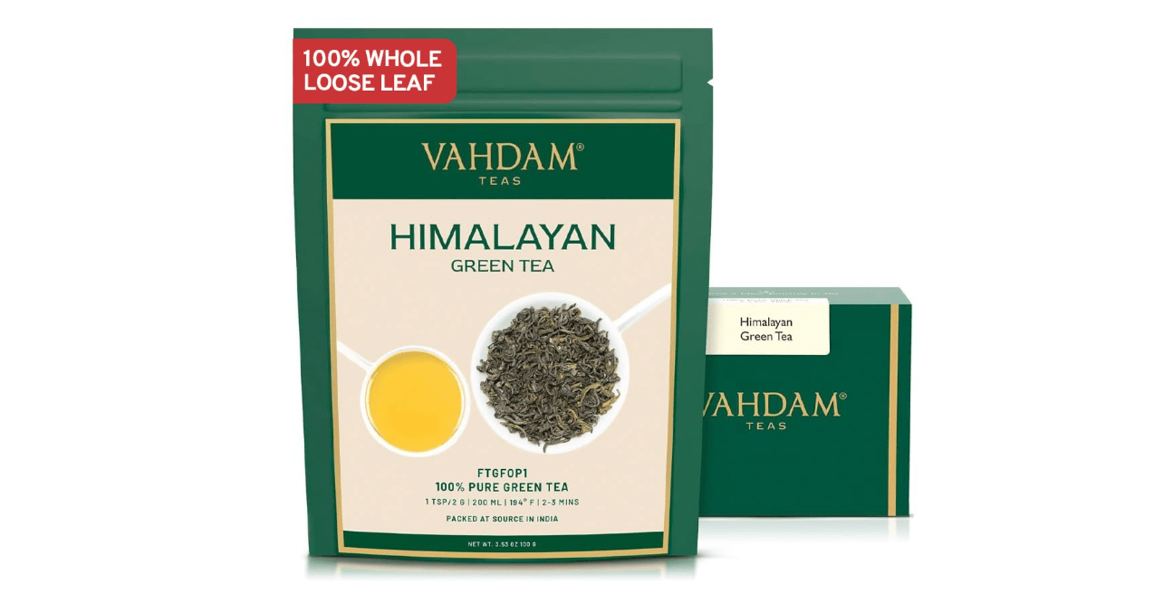 VAHDAM, Himalayan Green Tea Leaves (50+ Cups, 3.53 Oz) Non GMO, Gluten Free | High Elevation Grown Green Tea Leaves From Himalayas | Pure Unblended Single Origin Green Loose Leaf Tea | Vacuum Sealed 
