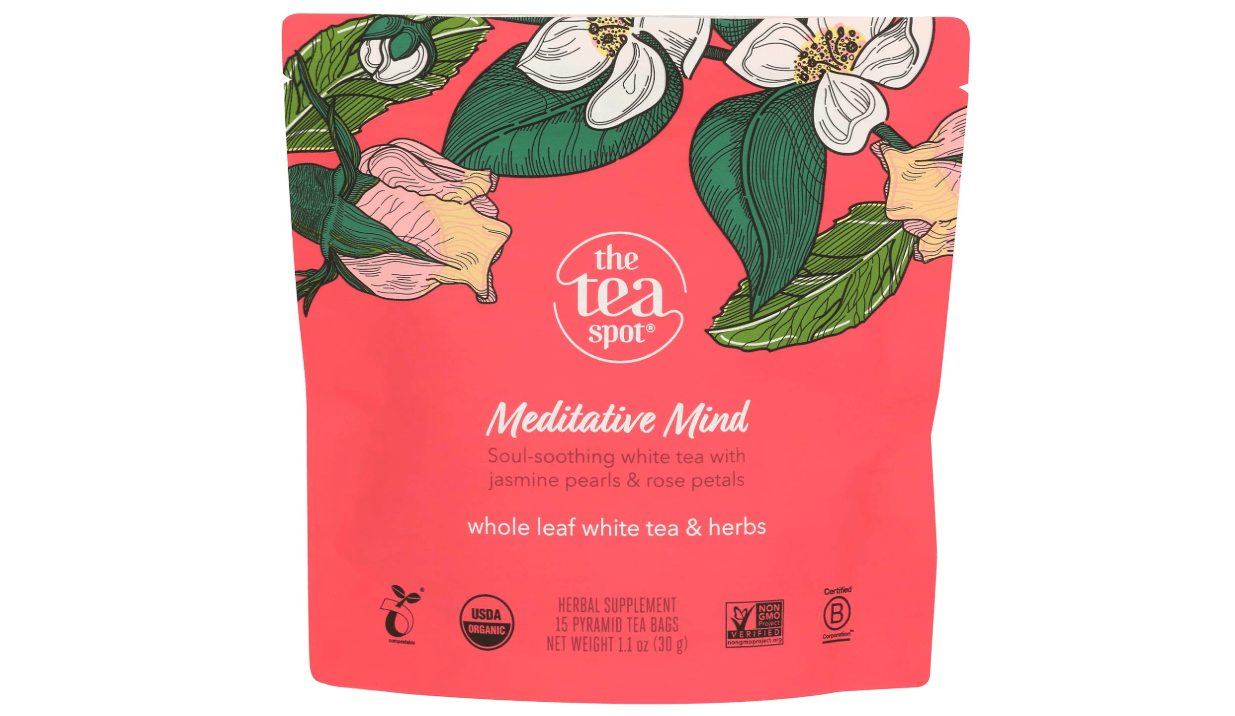 The Tea Spot Organic Meditative Mind Herbal Tea | Blend of White Tea, Jasmine and Rose | Calming & Welness Caffeine Free Elixir |15 tea bags for Gourmet Giftng 