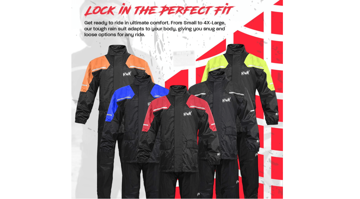 HWK Motorcycle Rain Suit for Men and Women, Two-Piece Waterproof Motorcycle Rain Gear with Reflective Jacket and Pants, All-Season Weatherproof Protection for Riding, Black, X-Large 
