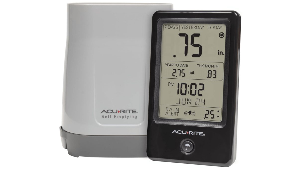 AcuRite Wireless Rain Gauge with Self-Emptying Rain Collector with Rainfall History, Alerts, and Current Date and Time (02446M) 