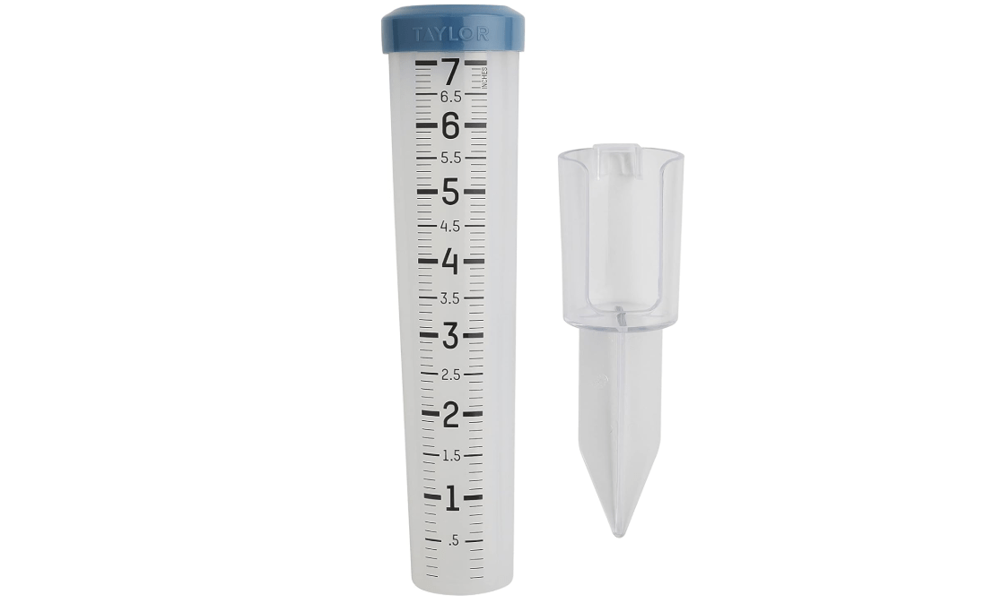 Taylor Capacity Break and Freeze Proof Flexible Silicone Rain Gauge, Measure and Monitor Precipitation, Easy to Read for Backyard, Patio, Garden, and Lawn, Post Mount or Ground Stake, 7-inch, Teal 