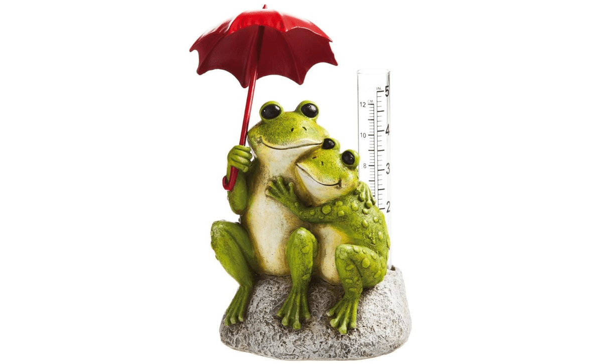 Evergreen Frog Lovers Statue with Umbrella Glass Rain Gauge | Green | Garden Decor Outdoor | 18 Inches Tall | 5" Rain Capacity Easy to Read 