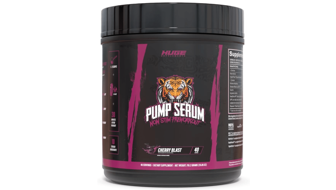 Huge Supplements Pump Serum, Stim Free Pre Workout and Nitric Oxide Booster to Enhance Focus, Pumps, Fulness with No Caffeine, L-Citrulline, GlycerPump, L-Tyrosine, Nitrosigine (Cherry Blast) 