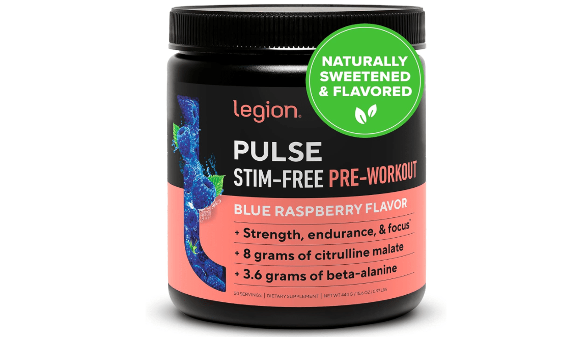 LEGION Pulse Pre Workout Supplement - All Natural Nitric Oxide Preworkout Drink to Boost Energy, Creatine Free, Naturally Sweetened, Beta Alanine, Citrulline, Alpha GPC (Caffeine Free Blue Razz) 