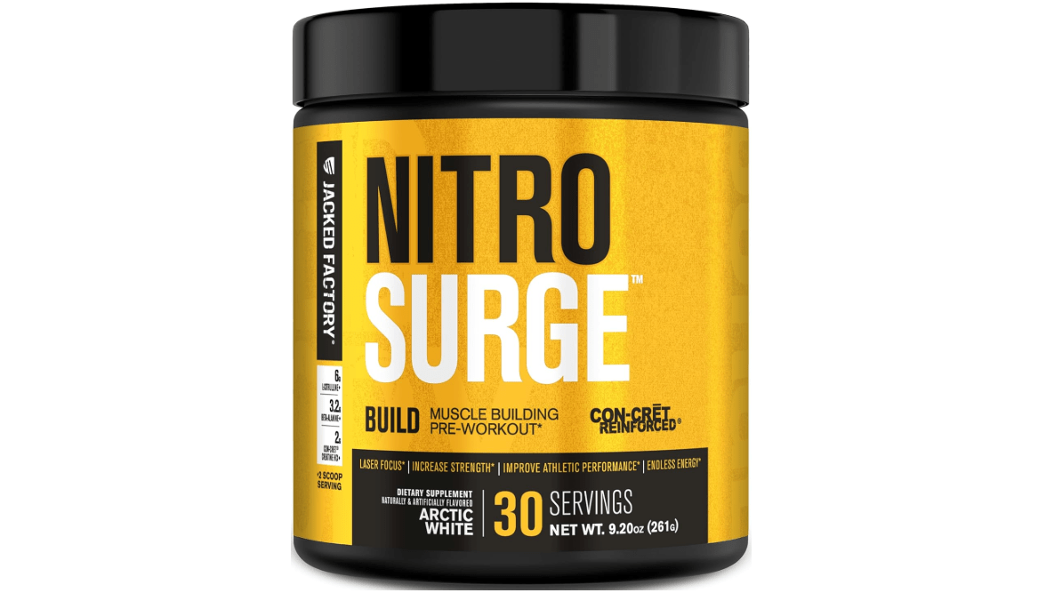 Jacked Factory Nitrosurge Build Pre Workout with Creatine for Muscle Building - Con Cret Creatine Powder & elevATP for Intense Energy, Powerful Pumps, & Endless Endurance - 30 Servings, Arctic White 