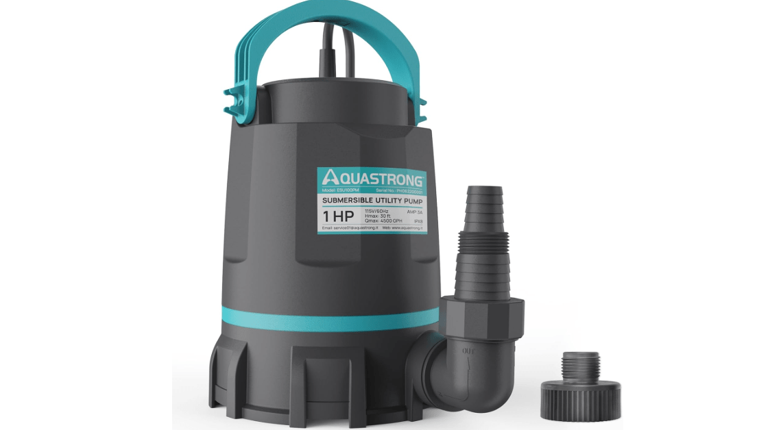 Aquastrong Sump Pump 1 HP 4500 GPH Submersible Water Pump Thermoplastic Portable Utility Pump High Flow Water Removal for Swimming Pool Garden Pond Basement Window Wells with 10ft Long Power Cord 