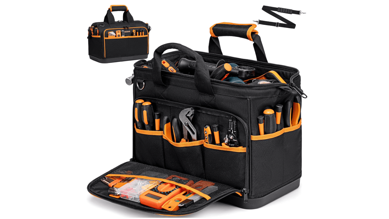 Electrician Tool Bag 17-Inch, 26-Pocket Large Tool Bags for Men Women with Waterproof Hard Bottom & Adjustable Shoulder Strap, Tool Bag Organizer for HVAC Craftsman Contractor Carpenter Electrician 