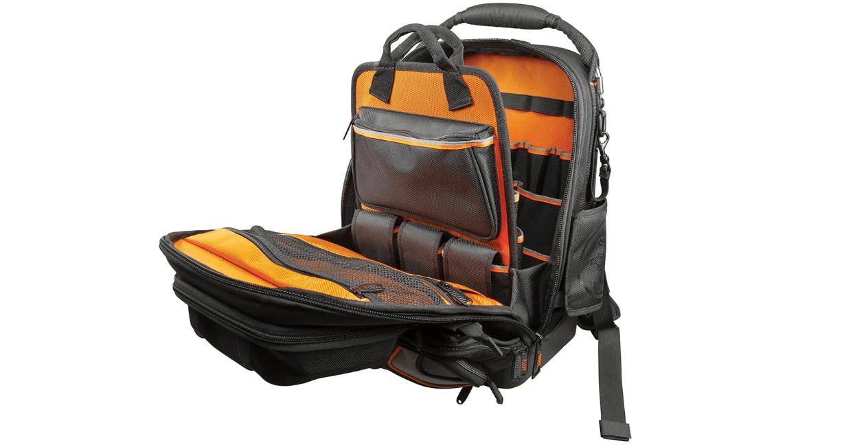 Klein Tools 55485 Tool Bag Backpack, Durable Electrician Backpack with 48 Pockets for Hand Tools, Waterproof Bottom, Removable Tool Carrier 