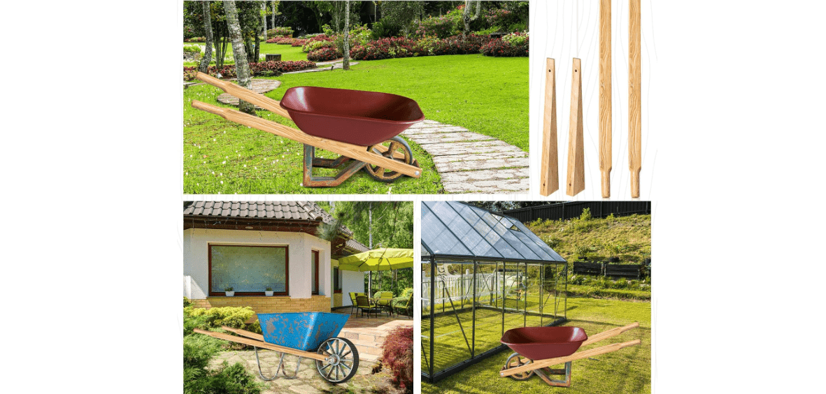 WILLBOND Wheel Barrow Handles Wood Replacement 59'' Wheelbarrow Handles Kit with 2 Wheelbarrow Wedge Heavy Duty Wood with Tough Seal Coat and Pre Drilled Holes for Wheelbarrows, Easy Install 