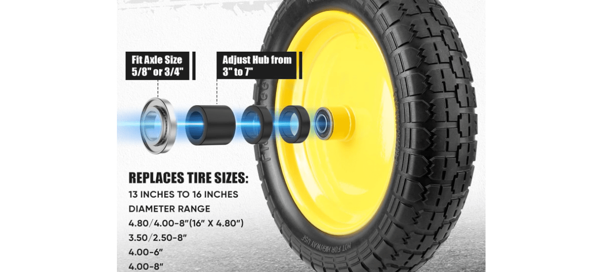 TICONN 4.80/4.00-8 Tire, 14.5" Flat Free Wheelbarrow Tire and Wheel, Solid Replacement Tires with 3" Centered Hub, 5/8" 3/4" Bearings, Universal Fit 4.80/4.00-8, 3.50/3.00-8, 4.00-6 (Yellow) 